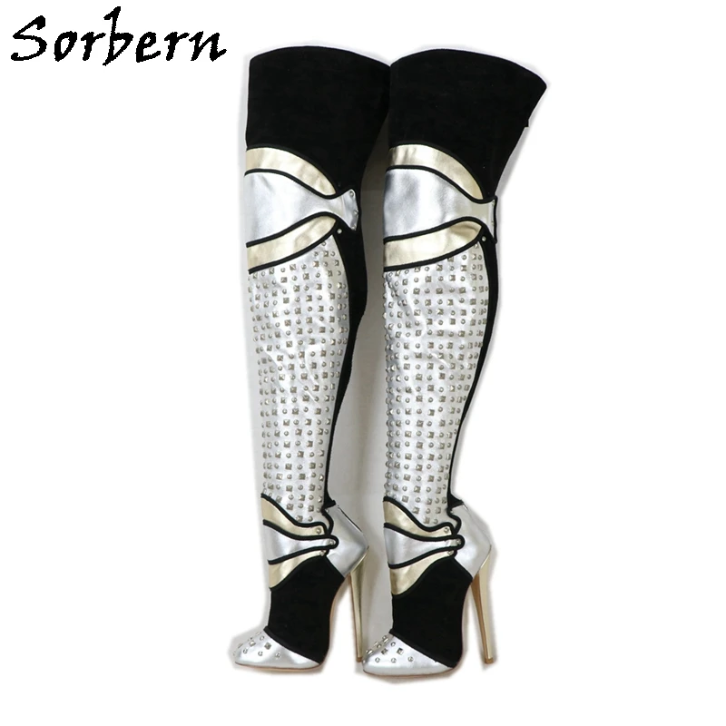 Sorbern เซ็กซี่กว่าเข่าบู๊ทส์ Punk Rivets ชี้ Toe ขนาด36 Stilettos รองเท้าส้นสูงที่กำหนดเองกว้างเพลายาว boot รองเท้าเลดี้