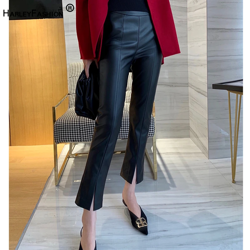 HarleyFashion Autumn Winter Luxury Design Women Classic Black Leather Pants High Quality PU Leather Slim Casual Pants