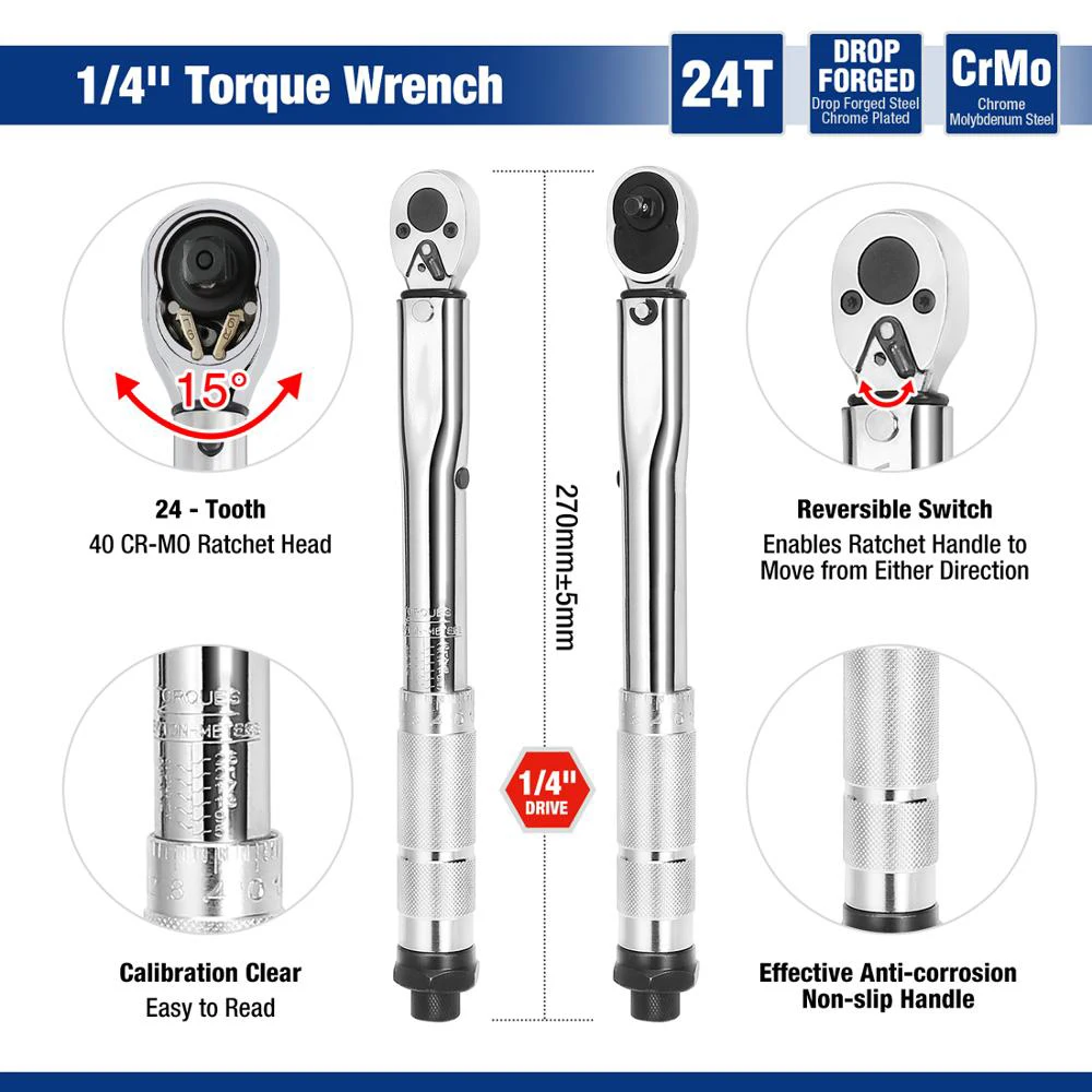 Multi-use Drive1/4'' 3/8'' 1/2'' Square Drive Torque Wrench 5-100 Ft-lb Two-way Precise Ratchet Wrench Repair Spanner Key