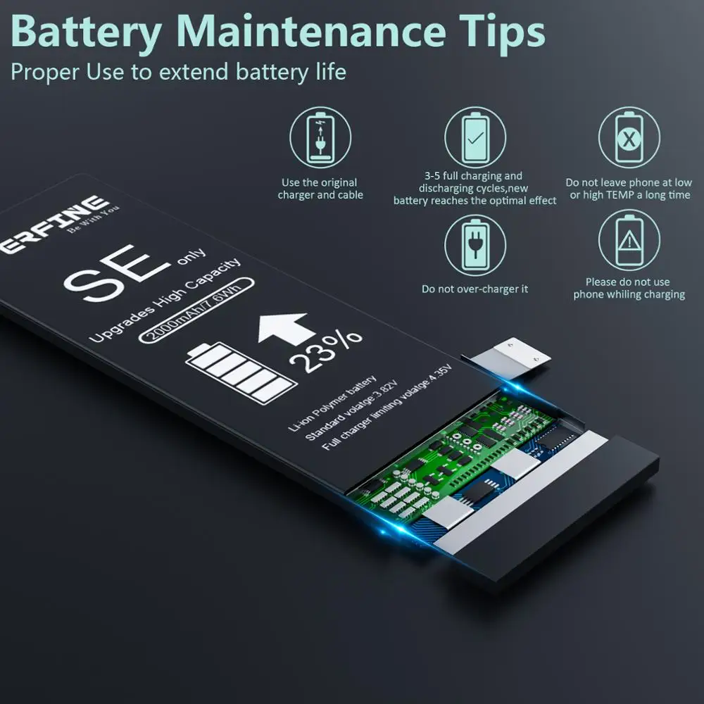 Perfine Battery for iphone SE 2016 2000mAh Replacement A1724 A1723 with Repair Tool kit Transparent TPU Case,USB Lightning Cable