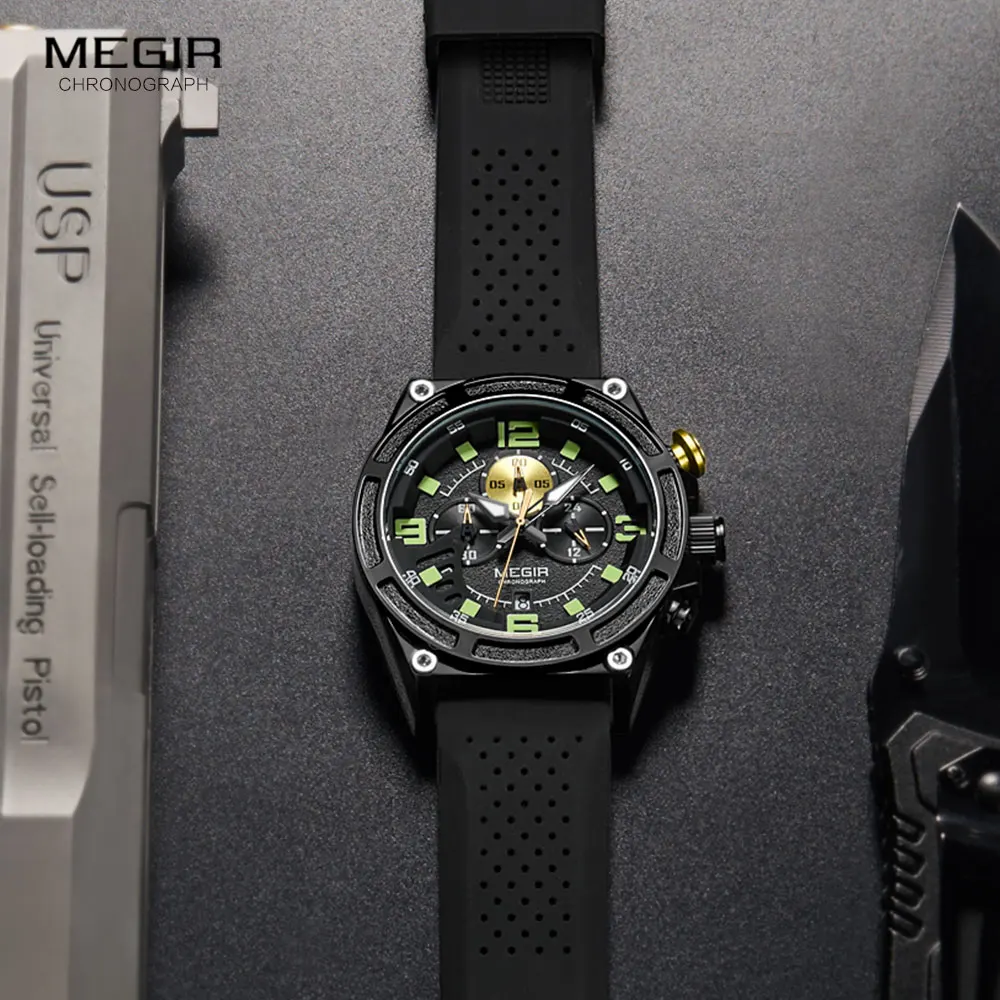 MEGIR Chronograph Quartz Watch for Men Fashion SIlicone Strap Sports Wristwatch Waterproof часы мужские relogio masculino 2116