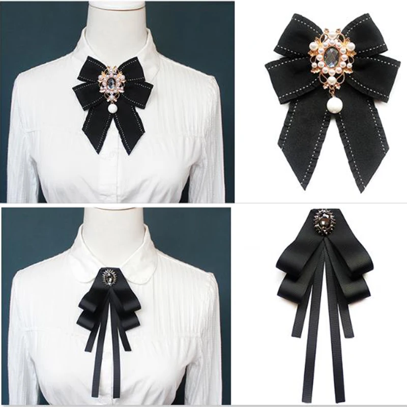 Hand-made Black Ribbon Bow Tie for Women Fashion Crystal Shirt Blouse Bowknot School student Shirt Business Clothing Accessories