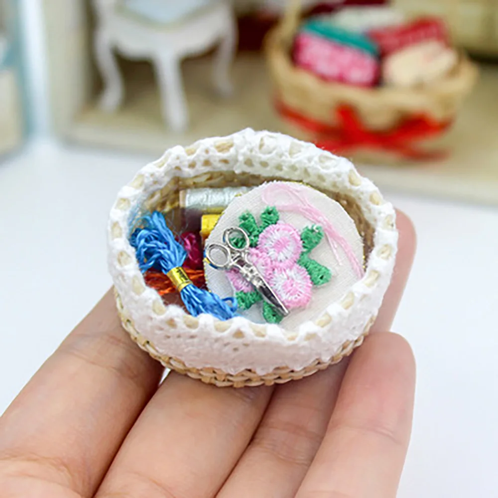 1/12 Dollhouse Miniature Accessories Mini Embroidery Tools Basket Sewing Scissors Thread Model Toys Doll House Decoration