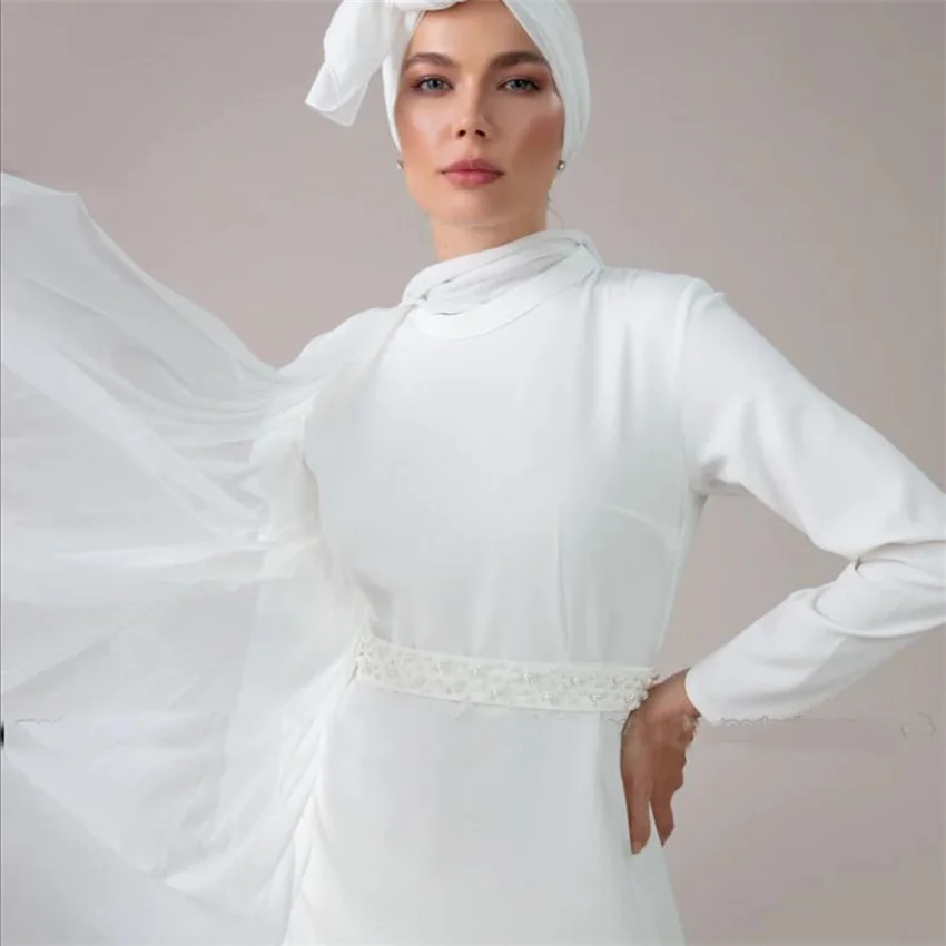 Muslim Arabian Wedding Dress Customizable Color Lace Applique Headband Long Sleeve A-line Bridal Gown