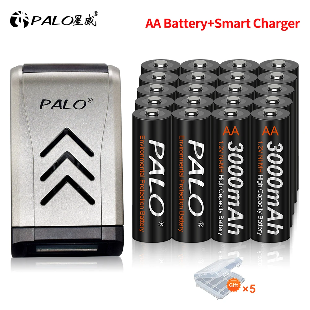 

PALO 1.2V Ni-MH AA Rechargeable Battery 2A Pre-charge Batteria for Camera Toys Flashlight & 4 Slots LCD Charger Fast Smart