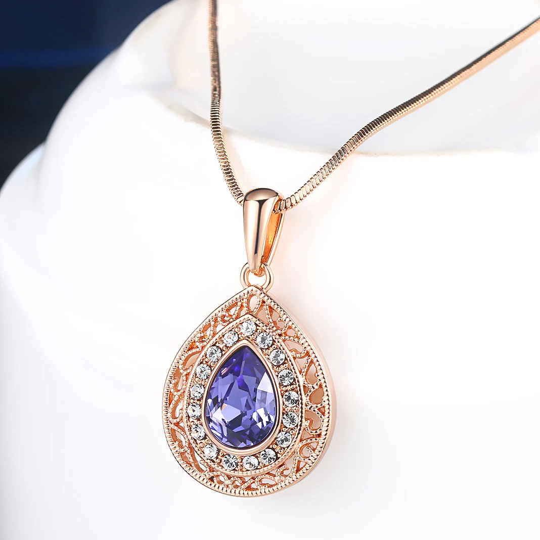 Vintage Ethnic WaterDrop Shaped Pendant Necklace For Women 4 Colors Crystal Rose Gold Color Fashion Jewelry For Party N422