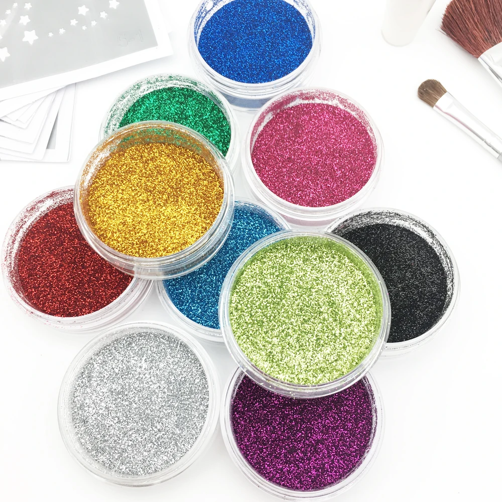 ใหญ่ 10 สี Glitter Tattoo Kit ชั่วคราว Tattoo Stencil อัญมณีเครื่องสําอางค์แปรงแม่แบบกาว Flash Powder Face Painting Art