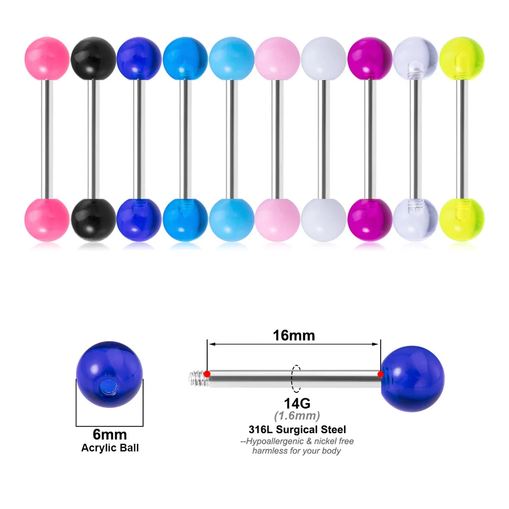 10 Stück Zungenringe, bunte Acrylkugel, 14 g, chirurgischer Stahl, gerade Zungenpiercing-Hanteln für Frauen, Körperpiercing-Schmuck – Detail 1