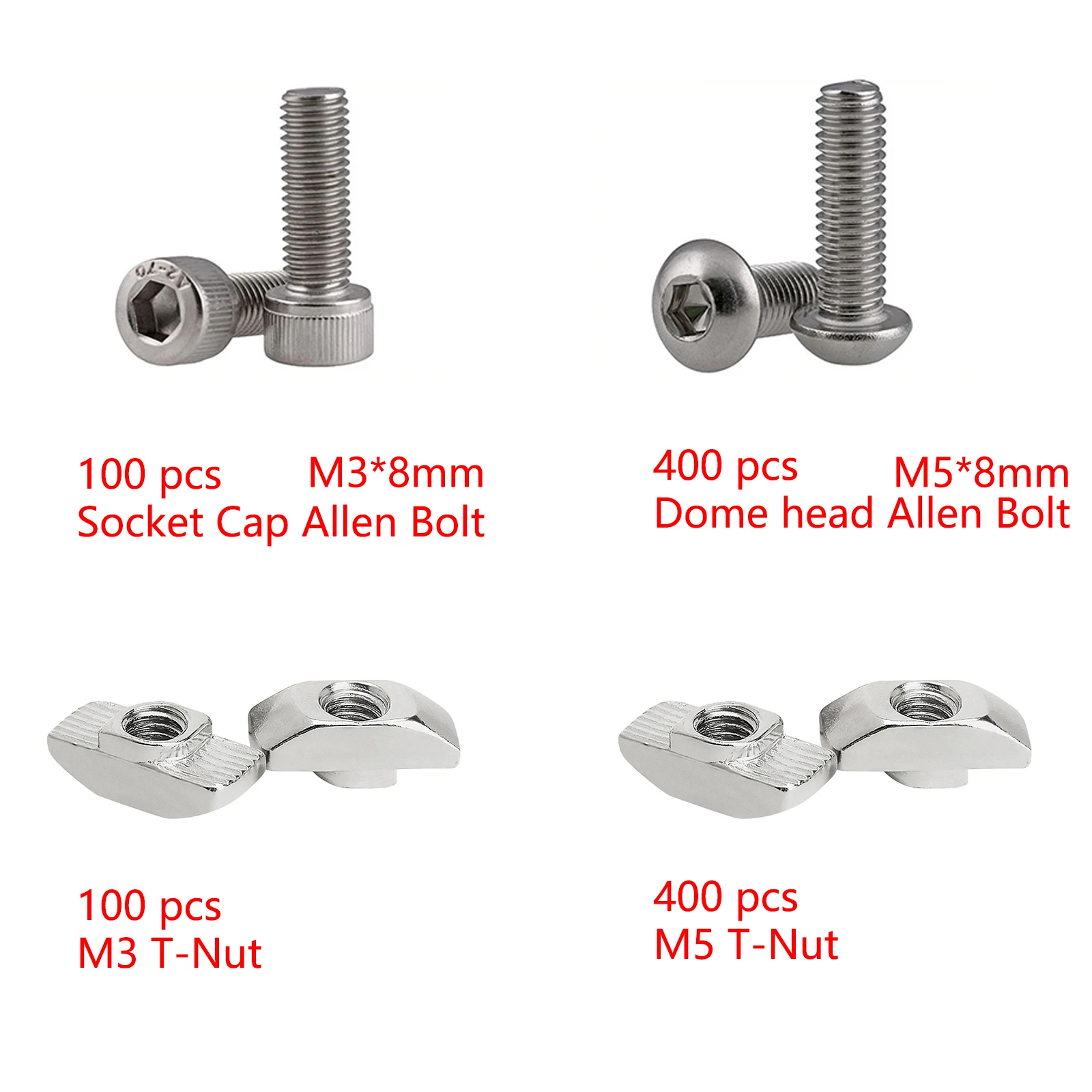 400 pcs M5*8mm Dome head Allen Bolt 100 pcs M3*8mm Socket Cap Allen Bolt 100 pcs M3 T-Nut 400 pcs M5 T-Nut