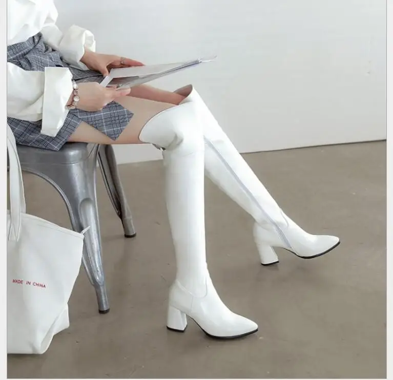 New Sexy White high long boots High over the knee boots Fahion women side zipper soft leather autumn winter Knight boots Large