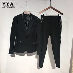 Brand Suit Jacket Set Men England Style Black Single Breasted Slim Blazer & Pants Two Piece Set Fashion Night Club Rivets Coat