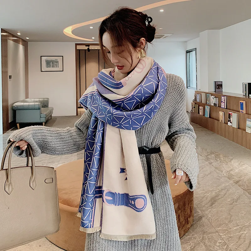 2020 Cashmere Scarf Women Winter Warm Foulard Shawl Triangle Geomeric Chain Knitted Bandana Luxury Windproof Girl's Neck Wrap