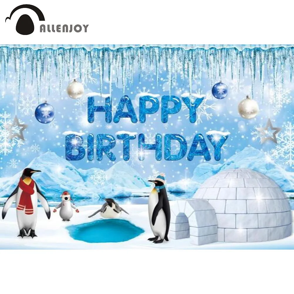 Allenjoy Happy Birthday Theme Party Backdrop Penguin Snowflakes Stars Iceberg Light Ball Newborn Baby Shower Custom Poster