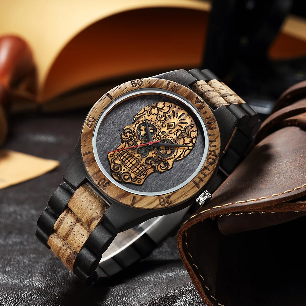 Jam tangan pria kepala tengkorak kayu kualitas tinggi jam tangan kayu untuk pria Skeleton terukir Meksiko Punk Rock Dial jam kayu jam tangan pria relogio masculino