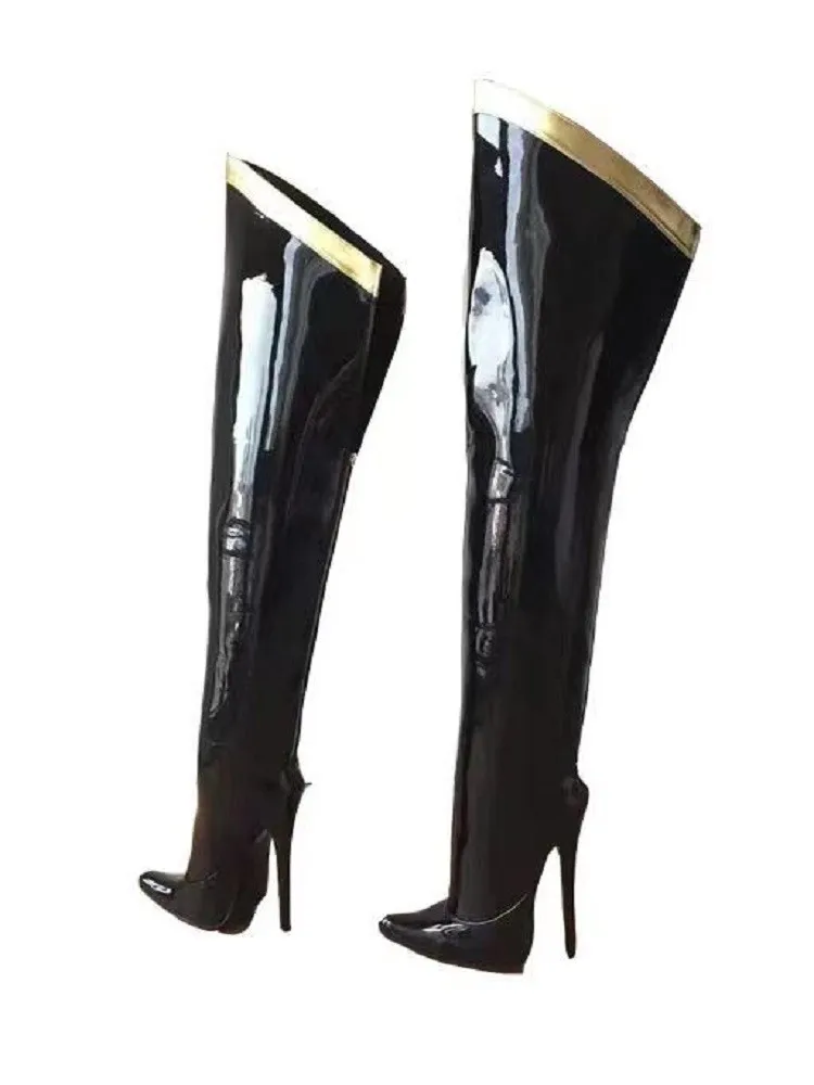 Over-the-knee Boots Winter Slim Long Boots Black Pointed Stiletto High Heels Patent Leather Zip Pole Dance Sexy Motorcycle Boots