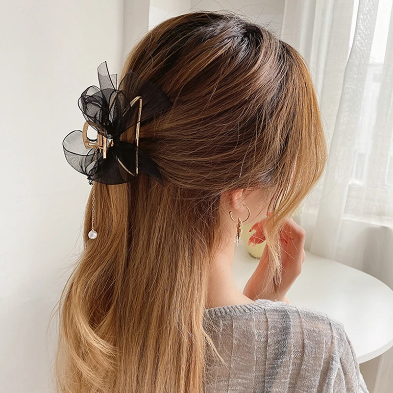 New Women Elegant Chiffon Bow Pearl Pendant Metal Hair Claws Sweet Hair Decorate Back Head Hair Clips Fashion Hair Accessories