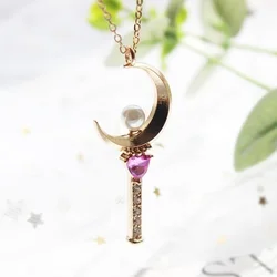 New Anime Jewelry Sailor Moon Fairy Rod Shape Pendant Necklace Women's Necklace Heart Shaped Crystal Inlaid Pendant Accessories