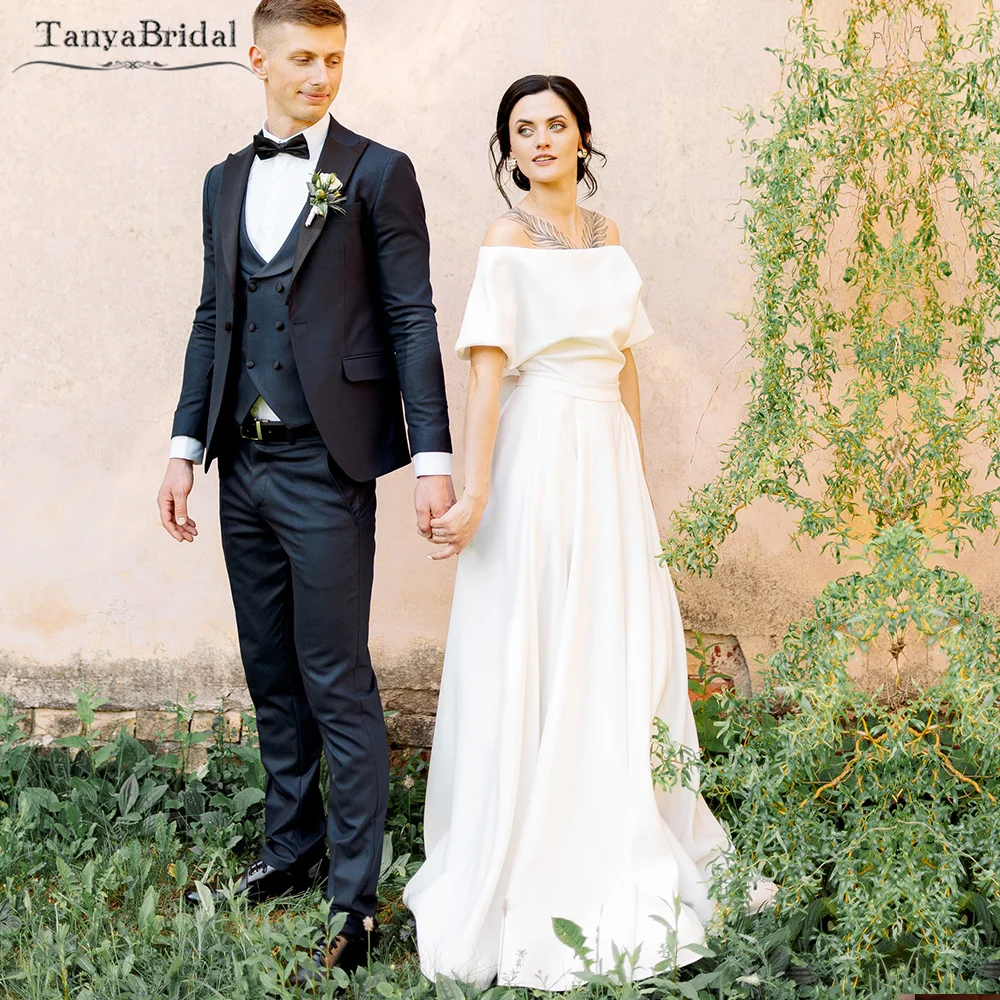 Suknie ślubne w nowoczesnym stylu z dekoltem łódkowym, linia A, długość do podłogi, oszałamiające satynowe suknie ślubne, suknia wieczorowa w stylu boho DW477