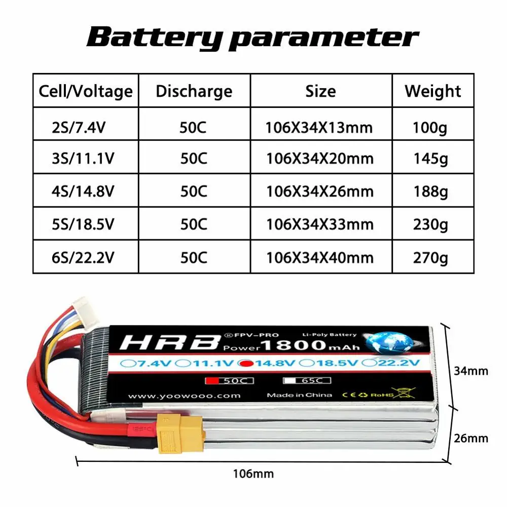 HRB RC 2S 3S Lipo Battery 1800mah heli battery 50C with XT60 For rc car rc boat Airplane Helicopter 380L Trex 450 Airplane Boat