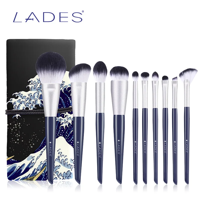 LADES 10PCS Makeup Brushes Sets Powder Blusher Foundation Make up Brush Blending Eyeshadow Brush Blue Beauty Tools With Pouch