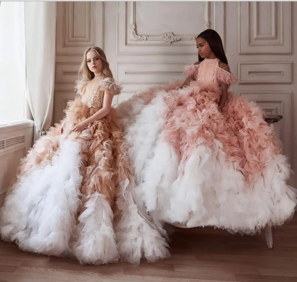 Robes de demoiselle d'honneur à volants pour mariage, robe de Rhen tulle pour enfants, jupe à plusieurs niveaux, reconstitution historique de plumes, perles à col haut, luxe