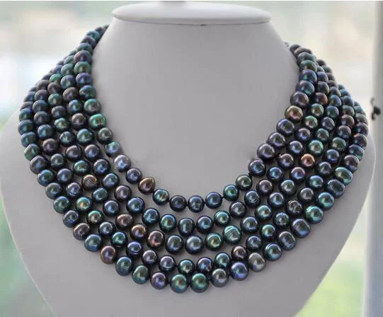 

LONG 7-8mm round PEACOCK BLACK Freshwater pearl necklace 100inch