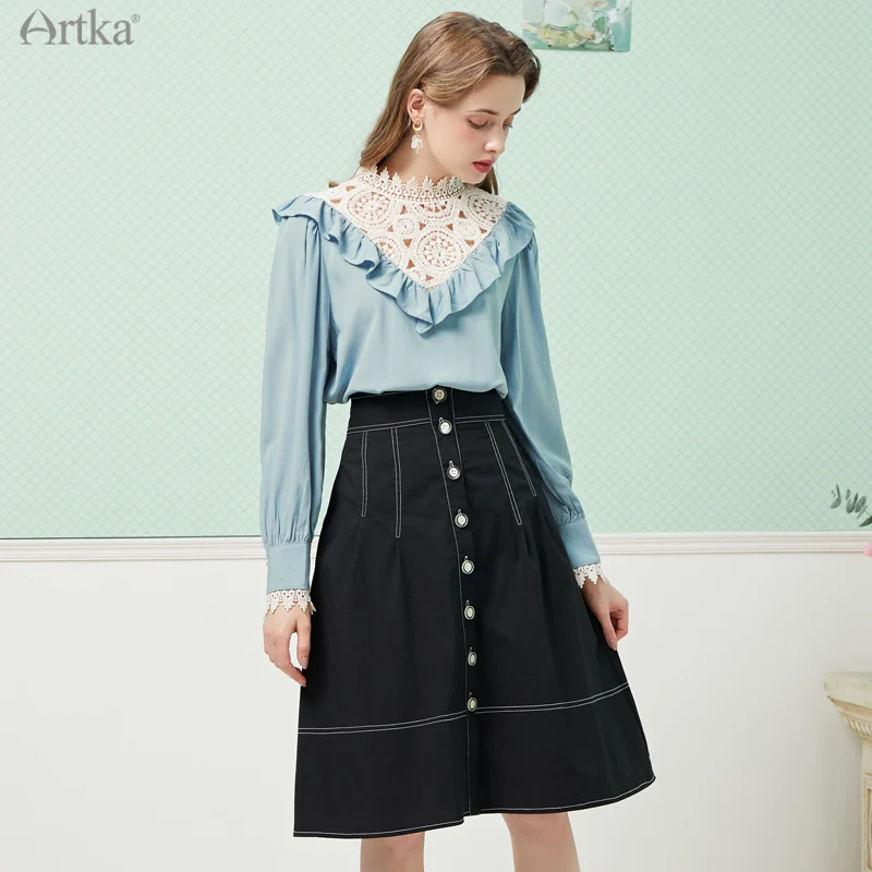 ARTKA 2021 Summer New Women Skirt Fashion High Waist Single-breasted A-Line Skirts Female Midi Black Denim Skirt QA22112X