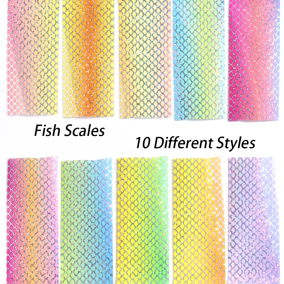 10Pcs Mermaid Nail Folies Gradiënt Vis Schaal Nail Art Decorations Holografische Zelfklevende Papier Golf Ontwerp Manicure Decals LE9114