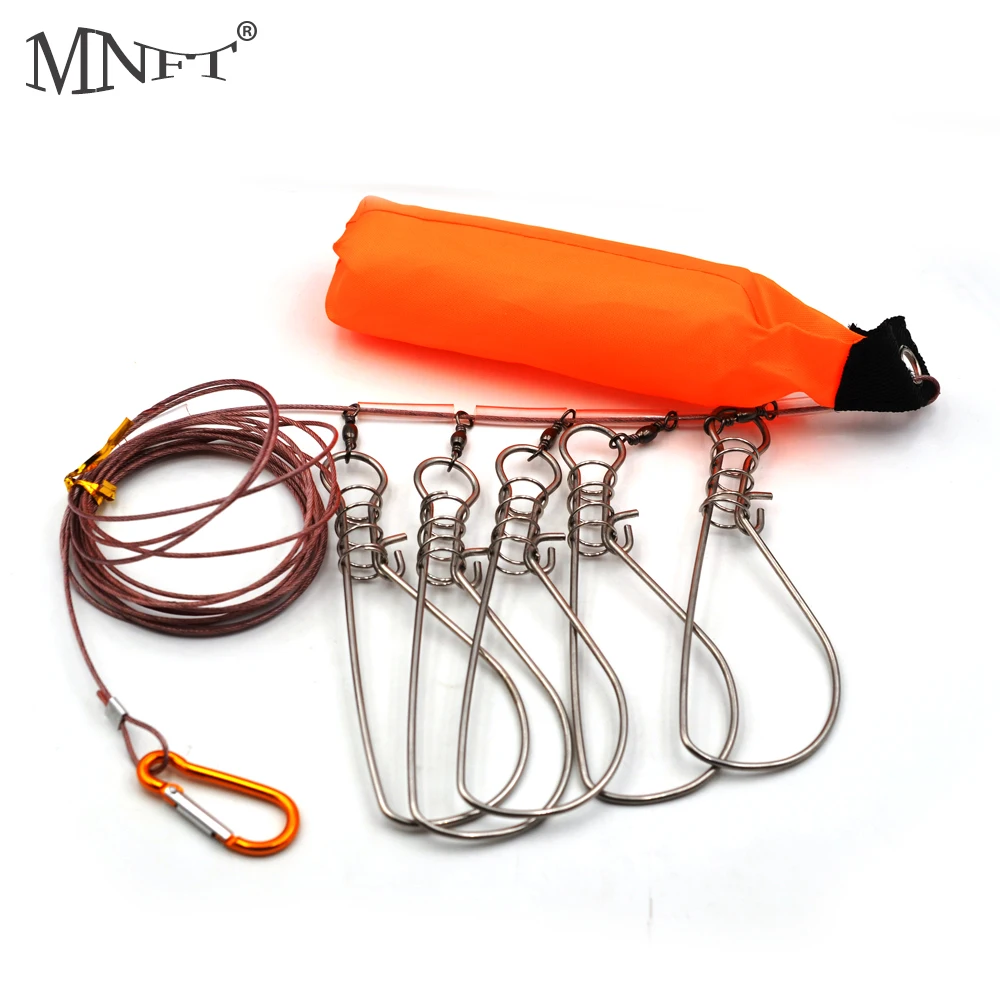 MNFT 1Set 5 Snaps Stainless Steel Fishing Stringer Live Fish Lock Steel Ropes Large Fish Lock with Float and Plastic Handle