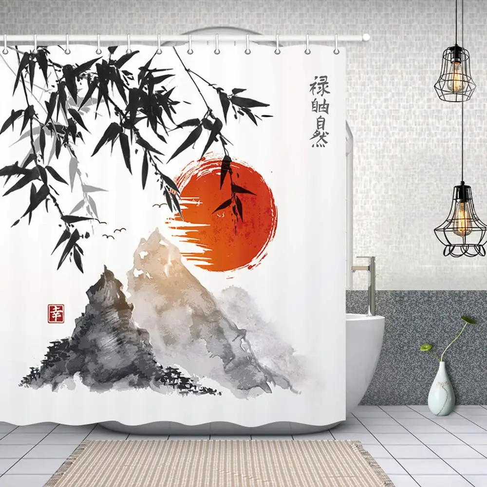 Japanese Bamboo Trees Sun and Mountains Bath Curtain