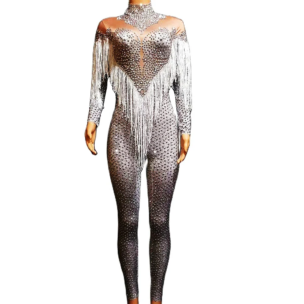 

Silver Rhinestones Tassel Women Jumpsuits Shining Dance Costume Nightclub Show Stage Wear Party Evening Drag Queen Outfits