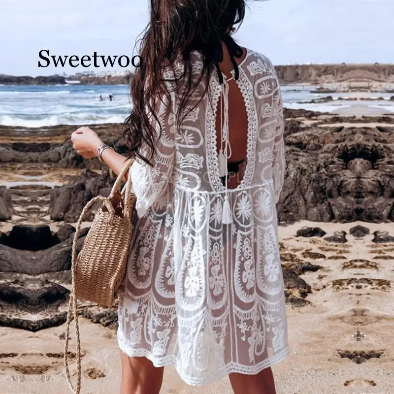 Sexy Transparent Mesh Beach Dress Women White Lace Swimsuit Female Cover Ups Female Hollow Out Swimwear Cover Up Beach Wear