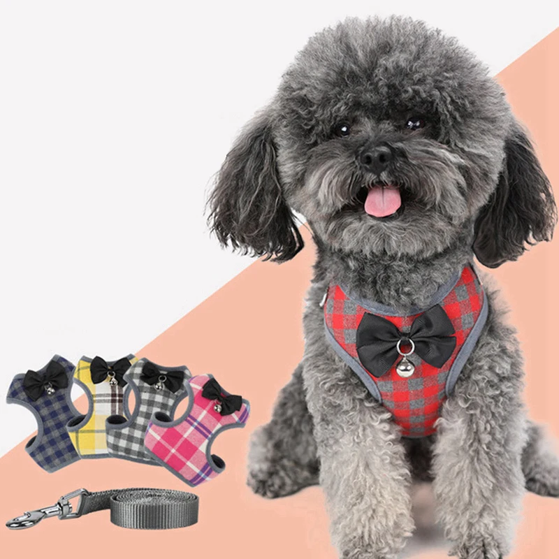 Small Dog Harness and Leash Set Pet Cat Vest Harness with Bow Tie Mesh Padded Leads for Small Puppy Dogs Chihuahua Yorkie Pug