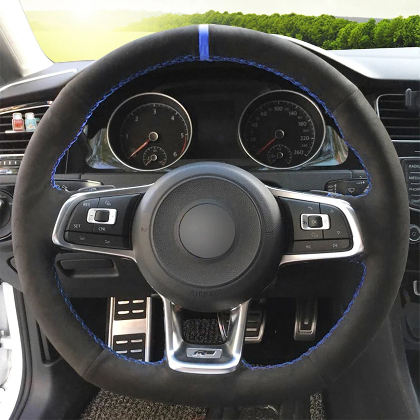 Hand Sew Black Suede Blue Marker Steering Wheel Cover for Volkswagen VW Golf 7 GTI Scirocco Tiguan Allspace (R-Line) Jetta (GLI)