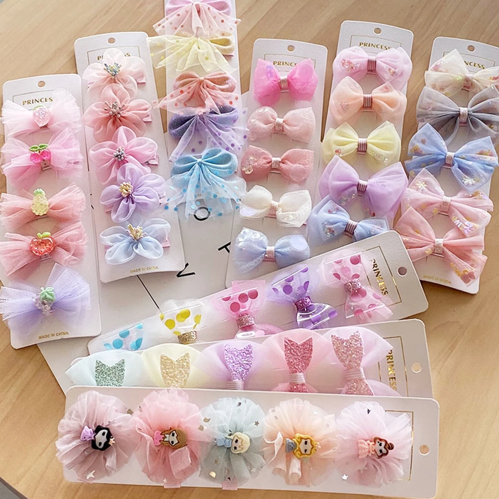 5Pcs Fashion Colorful Girls Hair Clip Cute Sweet Cloth Bow Hairpins Lace Hair Ornament Clips Headband Barrettes Hair Accessories