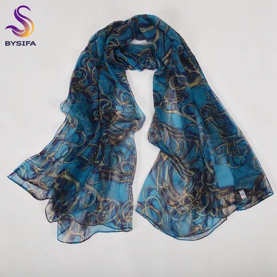 BYSIFA| Fall Winter Blue Silk Scarf Shawl Printed Fashion Women Brand Long Scarves New Spring Chain Design Ladies Neck Scarf