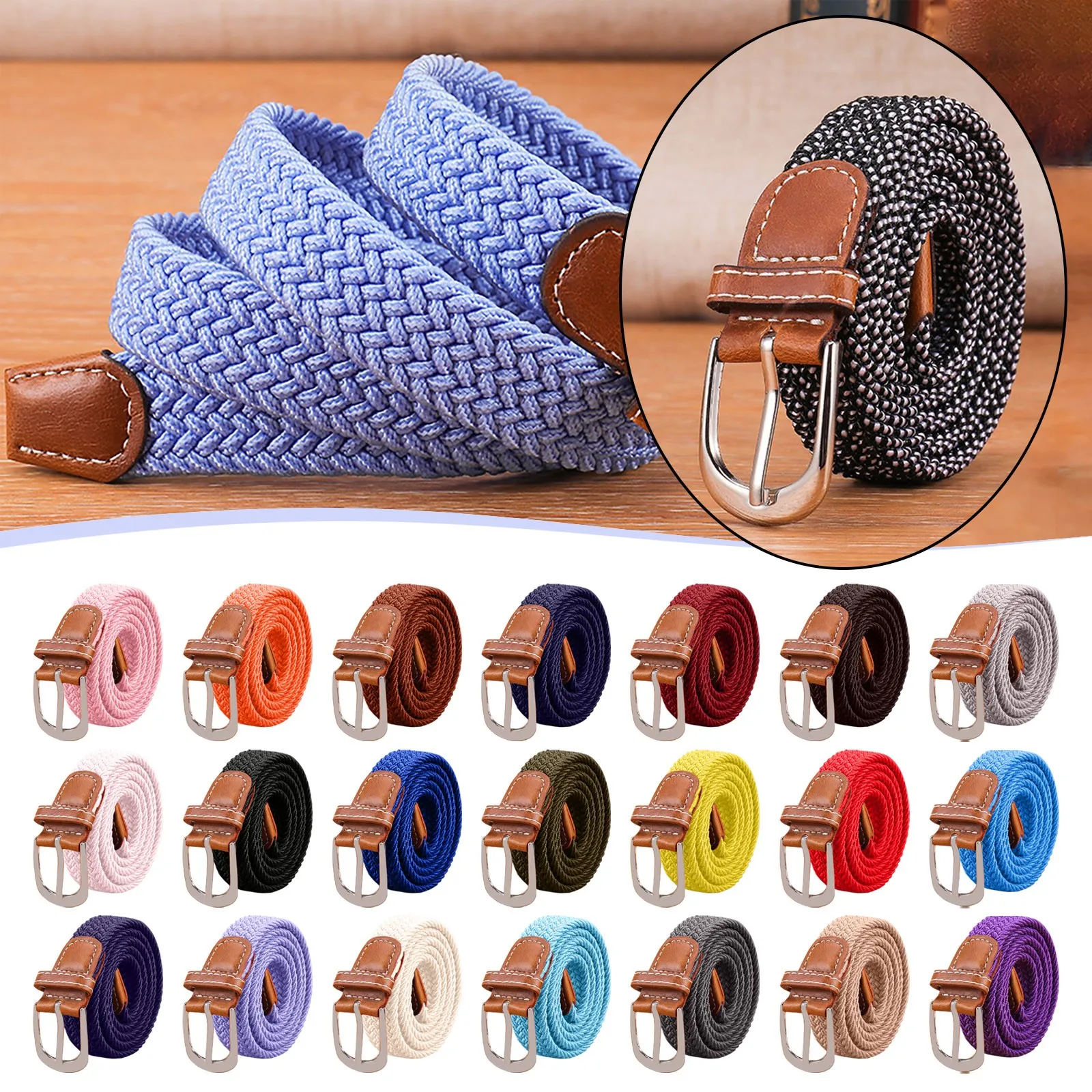 

Multi Colors Men Women Casual Knitted Pin Buckle Belt Woven Canvas Elastic Expandable Braided Stretch Belts Plain Webbing Strap