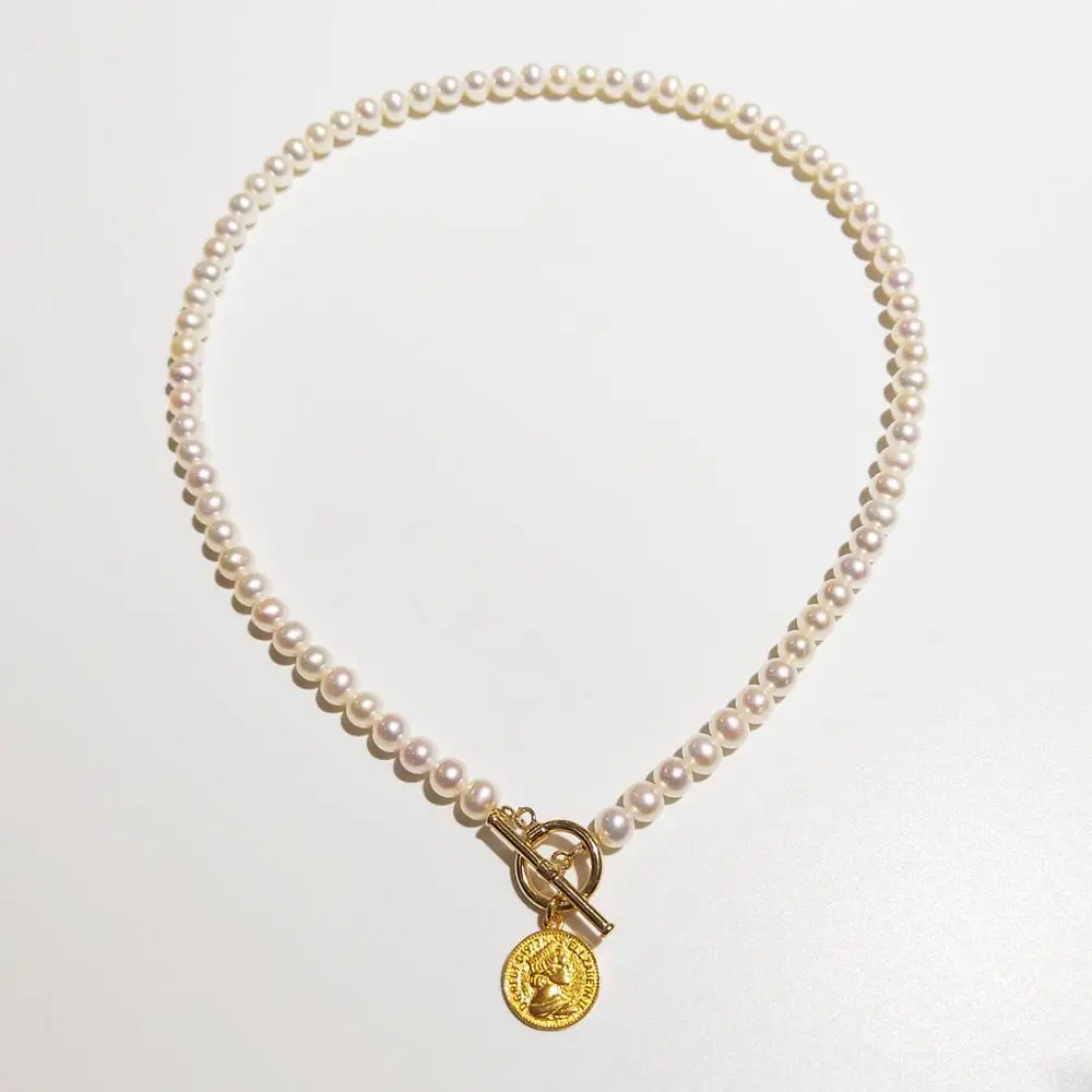 

Lii Ji Genuine Freshwater Pearl 5-6mm Choker Necklace Vintage Coin Pendant 925 Sterling Silver Wedding Jewelry Women Gift