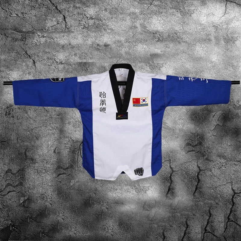 3 kolor Taekwondo Dobok V neck jednolity czarny kołnierzyk dorosłych dzieci nastolatki TKD Poomsae czerwony niebieski tae kwon do czarne ubrania WTF