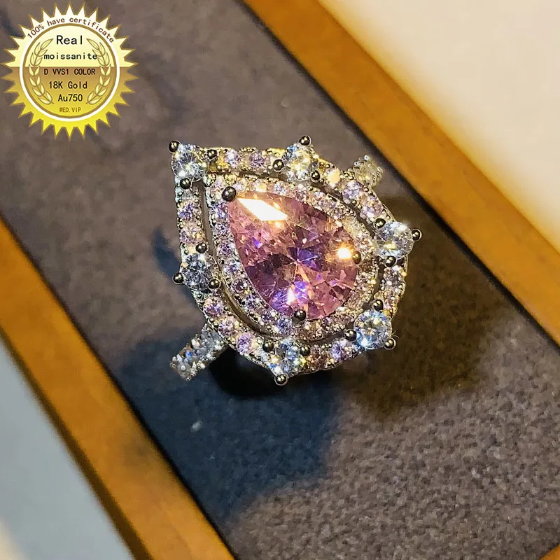 

Solid 18K Gold 2ct pink Moissanite Diamond Ring D color VVS With national certificate 045