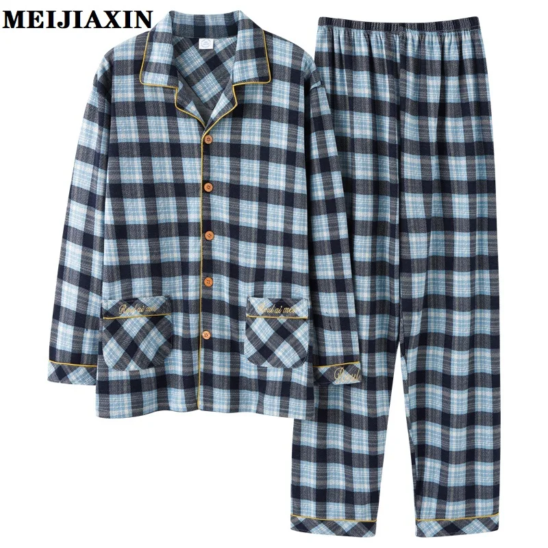 

New Spring Men Pajamas Set 100% Cotton Men's Pijama Long Sleeve Turn-down Collar Plaid Sleepwear