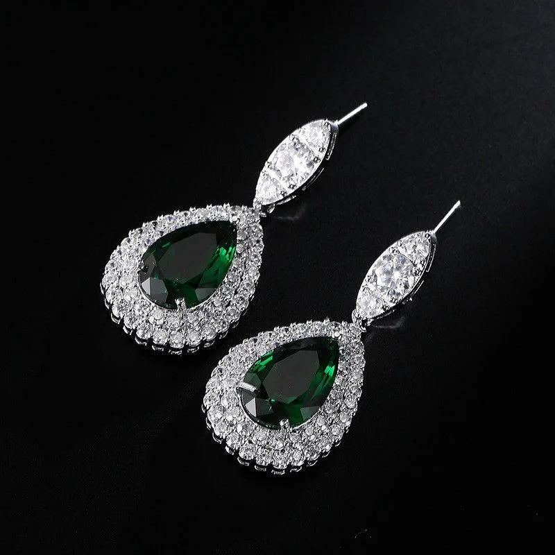 Women\'s Fashion Silver Hoop Pendant Crystal Blue Zircon Earrings Wedding Jewelry