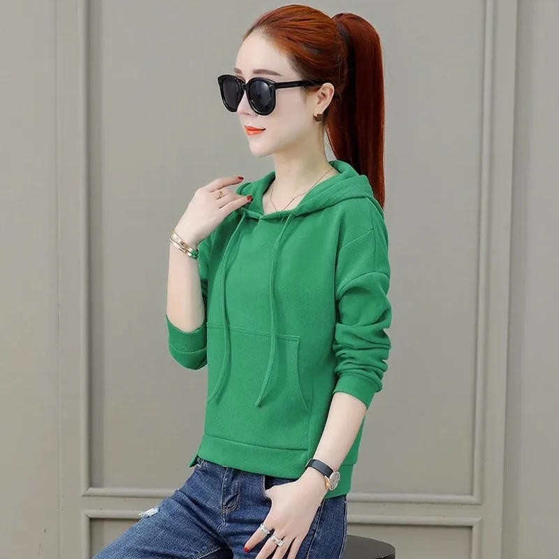 

Spring Autumn Style Women's Cotton Hoodies Solid Color Long Sleeve Hooded Pockets Loose Casual Hoodies AA4001