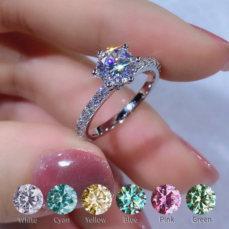 

On Sale Moissanite Ring 1 Carat Color D VVS 100% 925 Sterling Silver Blue Pink Yellow Green White Diamond For Women