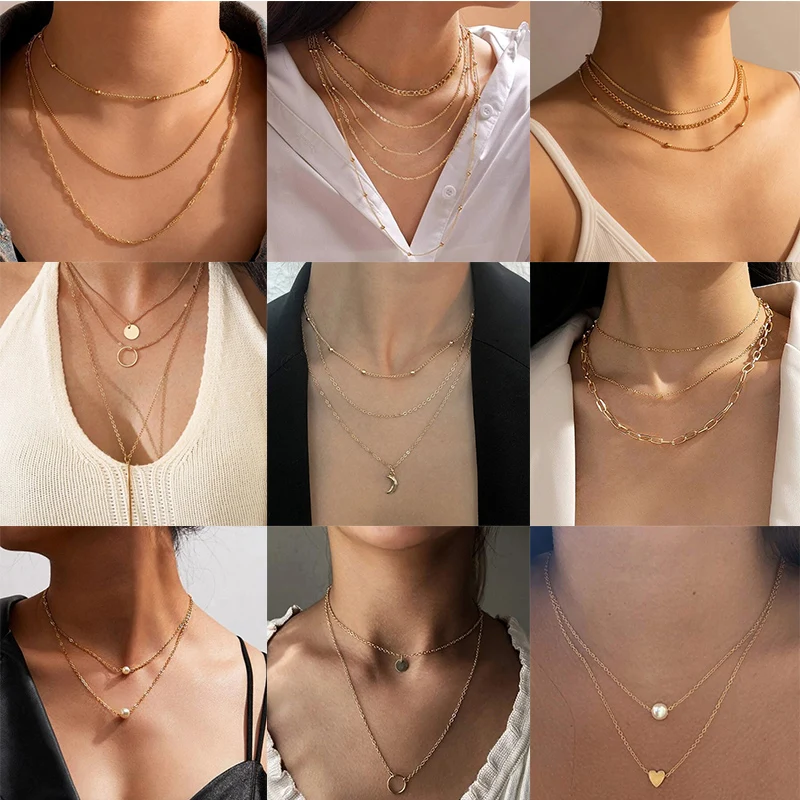 Fashion Multilevel Simple Geometric Sheet Round Sequin Pendant Necklace For Women Female Chain Collar Jewely Gift Wholesale