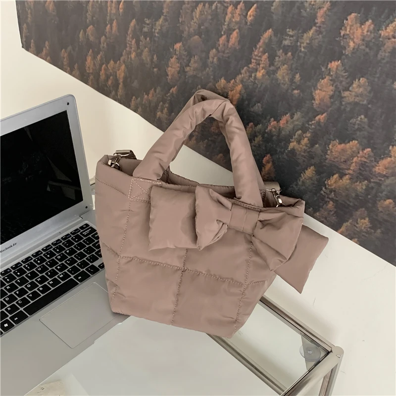 Designer Quilted Nylon Tote for Women 2021 Winter Brand Designer Ladies Shoulder Bow Bags padded Short Handle Top Handle Handbag