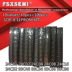 10 valori * 10 pezzi = 100 pezzi 24C01 24C02 24C04 24C08 24C16 24C32 93C46 93C56 93C66 93C86 IC SOP-8 KIT EEPROM