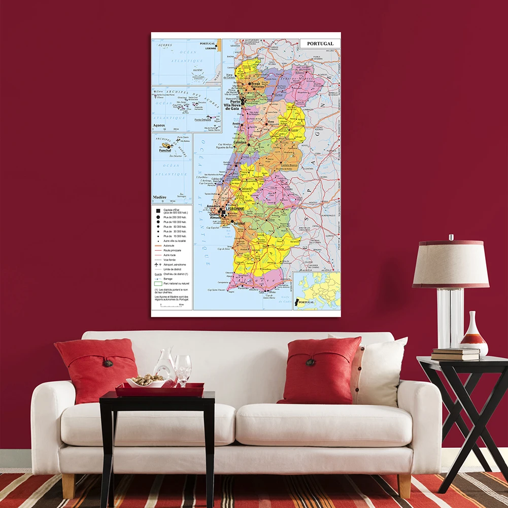 150*225cm polityczna mapa transportu Portugalii w francuskim płótnie winylowym malarstwo ścienne plakat szkolne Home Decor