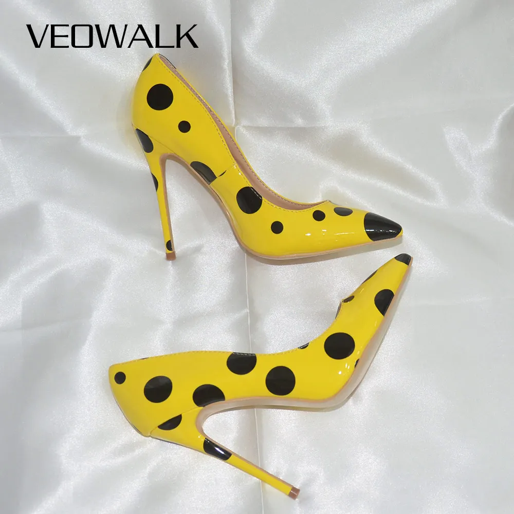 Veowalk Black Polka Dots Women Yellow Stilettos High Heels Ladies Fashion Slip On Pumps Club Party Dress Shoes Color Customized