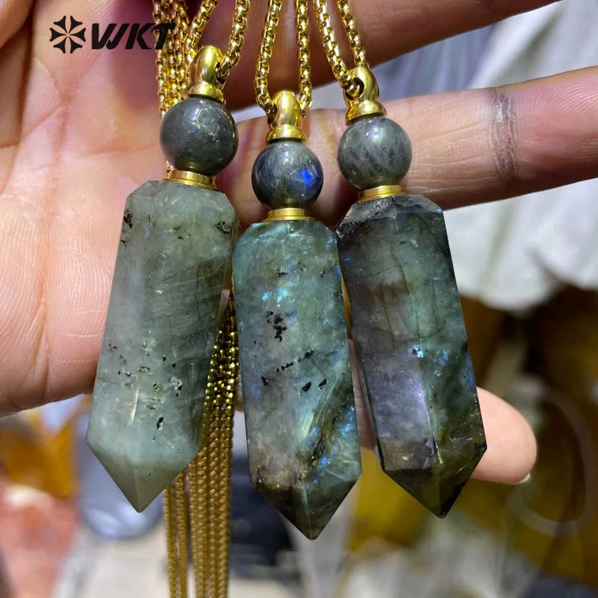 WT-N1256 WKT Wholesale Green Stone Women Nekclace Jewelry Fashion Labradorite Perfume Bottle 24 inch Gold/Silver Color Chain